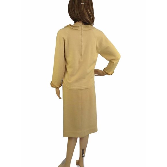 By Damon Vintage Skirt Sweater Set 10 Yellow 100% Wool Midi Pencil Ruffle Italy - Picture 3 of 11